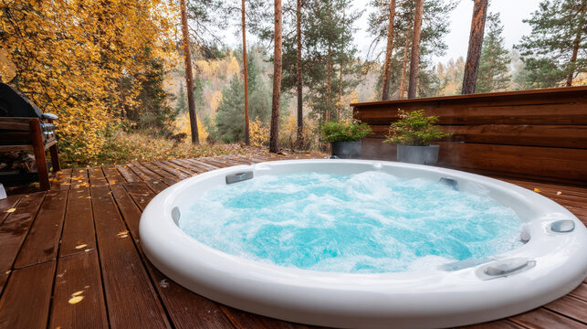 Outdoor hot tub showcasing bubbling water on a wooden deck, surrounded by beautiful fall trees, promoting relaxation and wellness