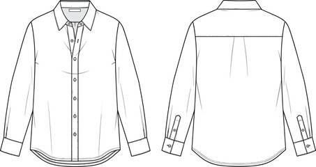 Classic men's long sleeve button down dress shirt technical sketch front and back view, cad drawing flat vector illustration, apparel template. © Liza