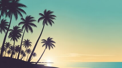 Tropical paradise sunset with silhouetted palm trees by ocean at dusk