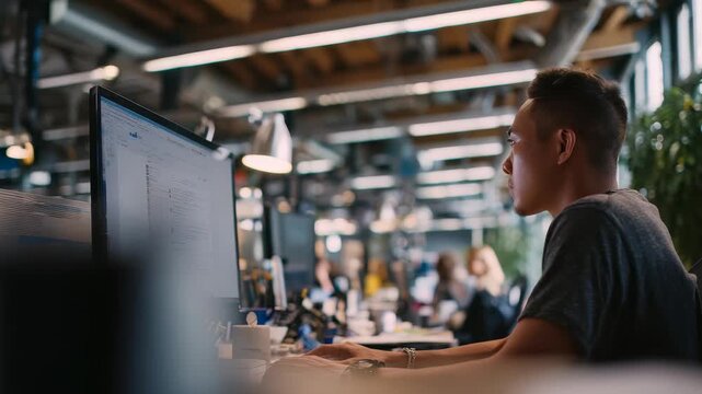 A professional employee concentrates on his desktop monitor in a trendy coworking office filled with natural light. The workspace features a creative, collaborative environment and contemporary decor