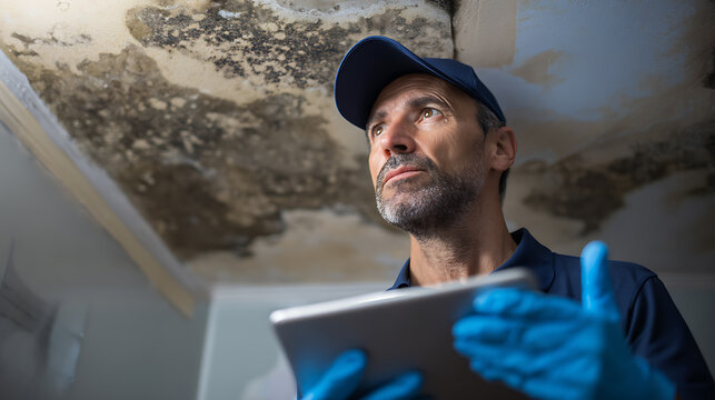 Professional inspector examine ceiling damage and mold with tablet. Expert surveying water leakage, structural issues, and fungus growth in home