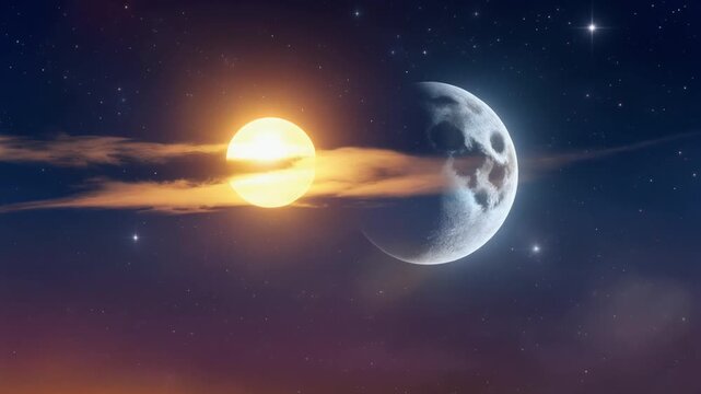 Celestial bodies, sun and moon in space with clouds and stars. Possible use for astronomy or science education