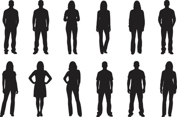 Black silhouette people icons set featuring diverse men and women standing upright in casual and professional attire, showcasing posture, clothing styles, and human figure design concepts © Mst