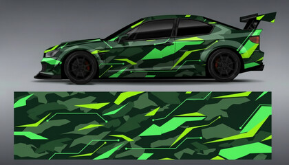 Green camouflage circuit board style car wrap design on a sports coupe with a flat pattern display below. © DB stock