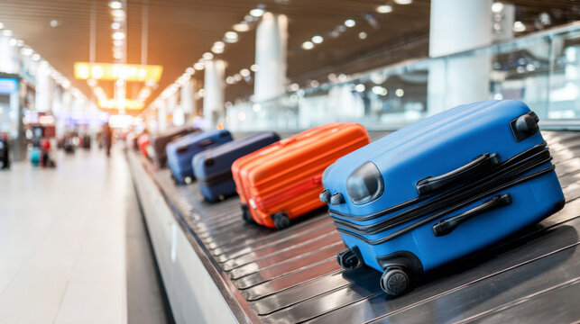 Colorful suitcases traveling on baggage claim conveyor in a busy airport terminal, awaiting collection