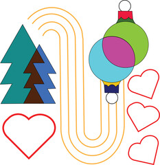 Cartoon illustration of a heart shaped Christmas tree set featuring love symbols and holiday patterns for a festive celebration design