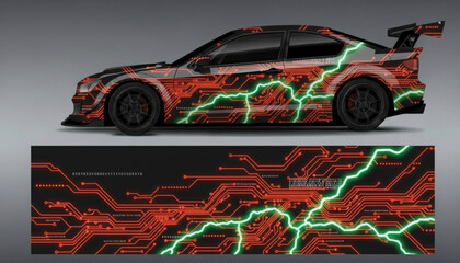 Sports car with a vibrant circuit board and lightning bolt wrap design. © DB stock