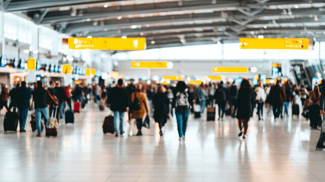 Busy travelers moving through a crowded modern airport terminal, capturing the dynamic energy of international travel and daily commute