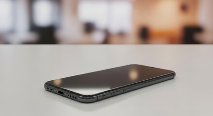 Sleek Black Smartphone Resting on a Clean White Surface.