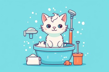 Naklejka premium Cute white kitten bathing in a bowl surrounded by bubbles and grooming accessories