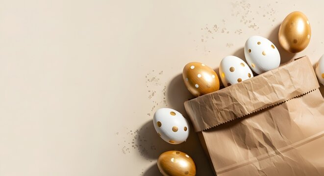 Easter eggs in a brown paper bag on beige background for springtime celebration