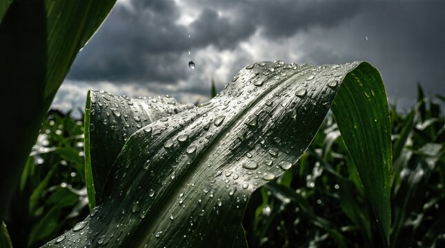 Heavy raindrops falling onto a vibrant green maize leaf in an agricultural field. Creating refreshing water droplets reflecting a dramatic storm sky