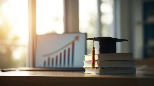 Graduation cap on stacked books with rising bar graph on laptop screen, symbolizing education success, career growth