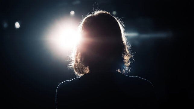 Silhouette of person standing in blinding light, concept of future, opportunity, discovery or unknown