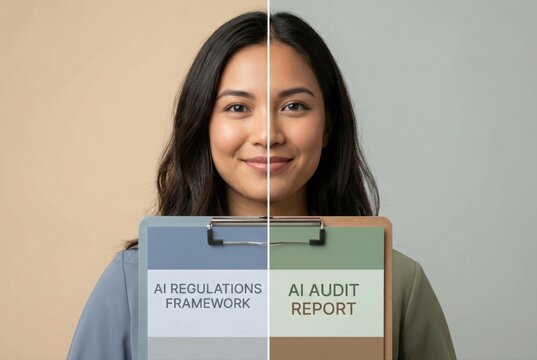 Professional woman presenting AI regulatory framework and audit report documents in a dual tone setting highlighting the complexities of artificial intelligence governance