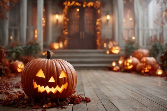 Carved pumpkin on wooden porch surrounded by seasonal decor, stacked gourds and warm lights frame stately doorway, harvest celebration mood and welcoming dusk ambiance