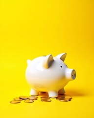 White piggy bank with gold coins on bright yellow background saving money