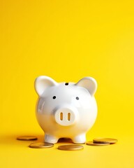 White piggy bank with gold coins on bright yellow background