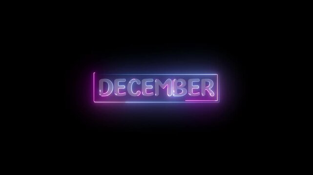 December Neon Sign on Black Background: A vibrant neon sign spells out December, glowing with a cool, modern aesthetic against a stark black backdrop.