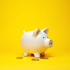 White piggy bank with coins on yellow background for saving money
