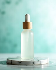 Elegant dropper bottle on marble stand with soft green background