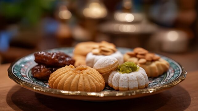 Traditional Eid al-Fitr sweets and maamoul cookies arranged on a decorative plate, ideal for Islamic holiday, end of Ramadan celebration, Muslim food tradition, religious festive treat, cultural