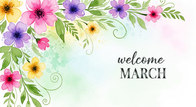 Watercolor floral welcome March banner with pastel petals and spring greenery