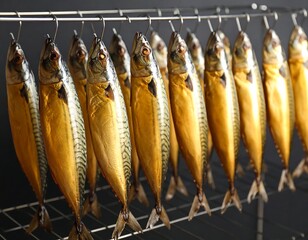 Smoked Fish Hanging on Metal Rack.