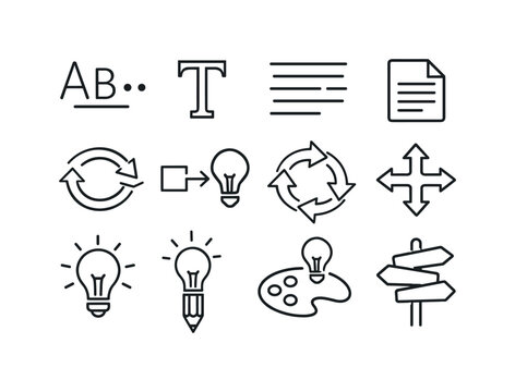 Line style icons of text to idea generator: words, letters, paragraph, page; transform, convert, remix, expand; creativity,