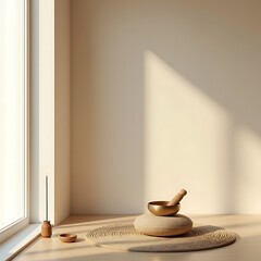 Serene meditation space with natural light and zen tools