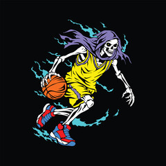 Vintage style vector illustration of grim reaper dribbling basketball. Bold retro design perfect for t shirt, streetwear, poster, and merchandise. Editable colors and scalable artwork.