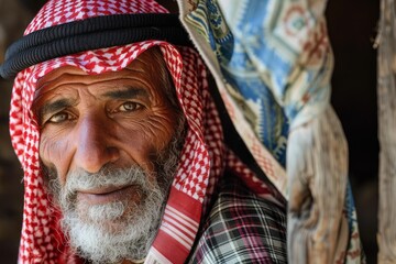 Close up portrait of an elderly bedouin man showcasing the rich cultural heritage of the middle east