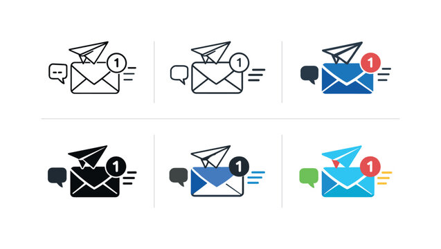 Electronic mail icon showing stylized envelopes, paper planes, notifications, and messaging symbols representing email