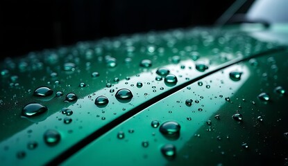 Water droplets on green car surface after rain