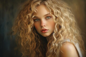 Fototapeta premium Young woman with blonde curly hair and freckles gazing direct at viewer
