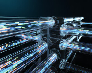 Futuristic network of glowing tubes with vibrant data streams