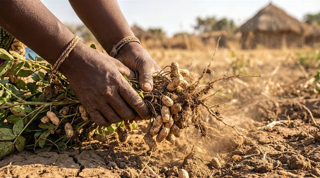 African farmer's hands harvesting groundnuts from dry soil, showing sustainable farming, food security, and agricultural work in a rural village environment