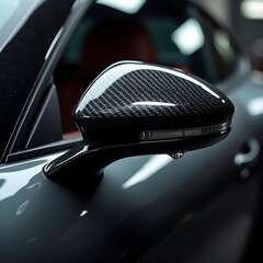 Luxury car side mirror with carbon fiber detail