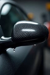 Close-up of sleek car side mirror with carbon fiber design