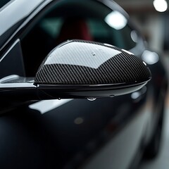 Close-up of sleek car side mirror with carbon fiber design