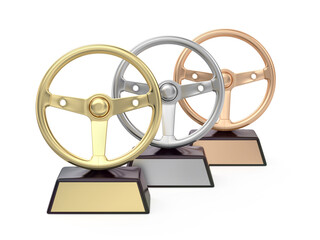 Gold, silver and bronze steering wheel trophies on white background