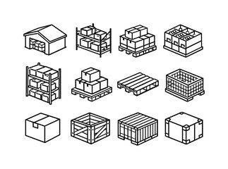 Line style vector icons of warehouse storage: warehouse, storage, inventory, stock; shelf, rack, pallet, bin; box, crate,