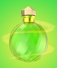 Glowing magic potion bottle with a golden cap on a green background