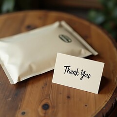 Thank you note with package on wooden table