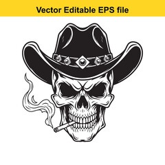 Fototapeta premium Skull Cowboy Hat Smoking Cigarette Vector Illustration Design