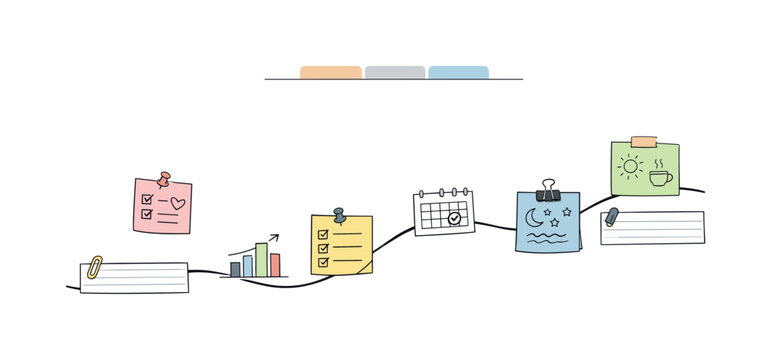 Hand-drawn infographic showing a timeline with sticky notes, calendar, and progress chart