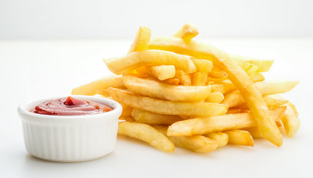 Crispy fries beside a white ramekin of ketchup on a seamless background