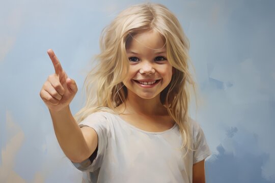 Happy child pointing up, symbolizing discovery, wonder, and learning