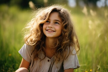 Fototapeta premium Little girl smiling joyfully, embracing childhood and freedom in a sunny meadow