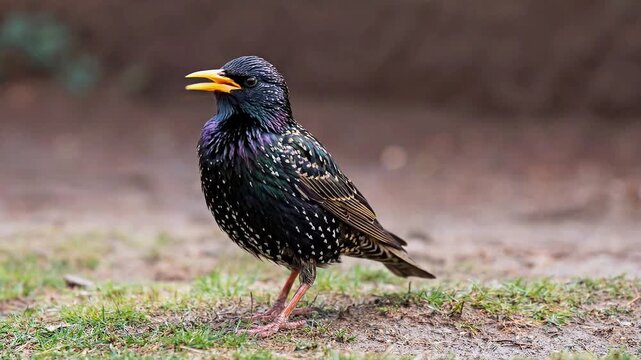 Common Starling (Sturnus vulgaris) with Iridescent Plumage Singing on the Ground